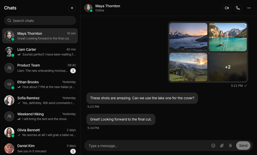 shadcn chat ui blocks dark