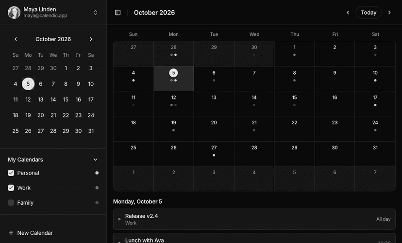 shadcn event calendar blocks dark