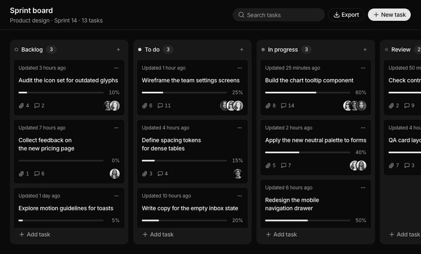shadcn kanban board blocks dark
