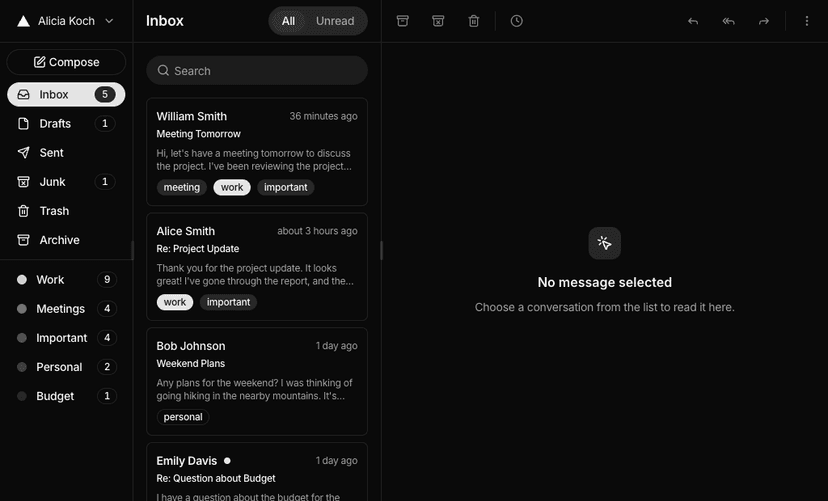 shadcn mail app blocks dark