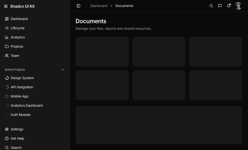 shadcn dashboard shell blocks dark