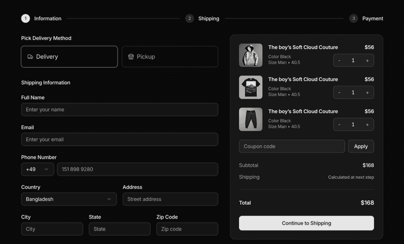 shadcn checkout page sections dark