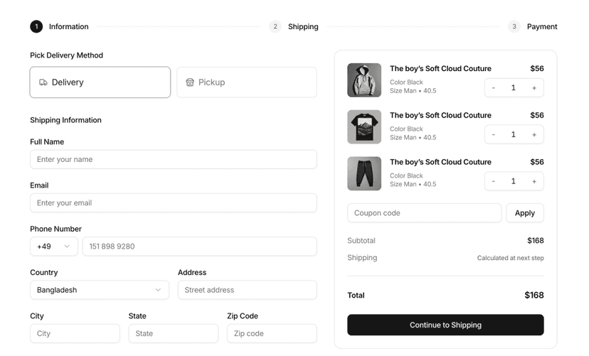 shadcn checkout page sections