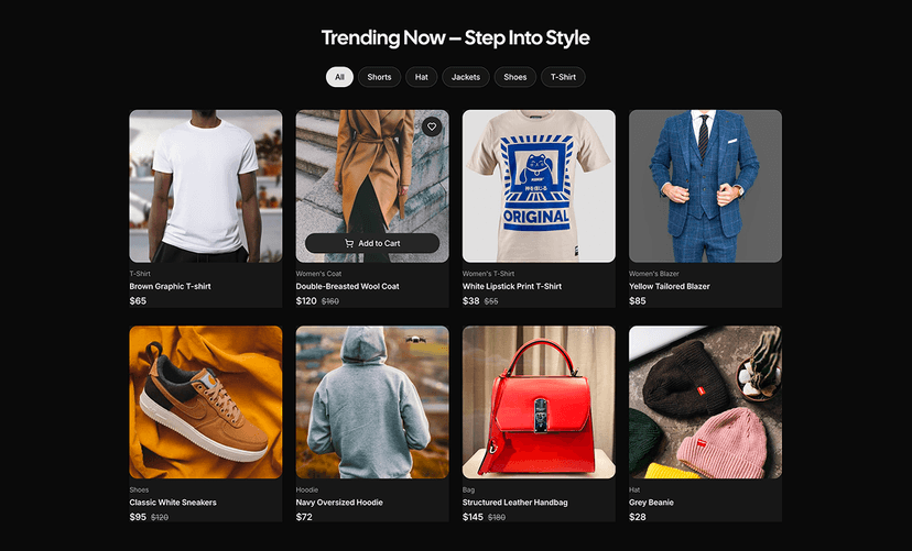 shadcn product list sections dark