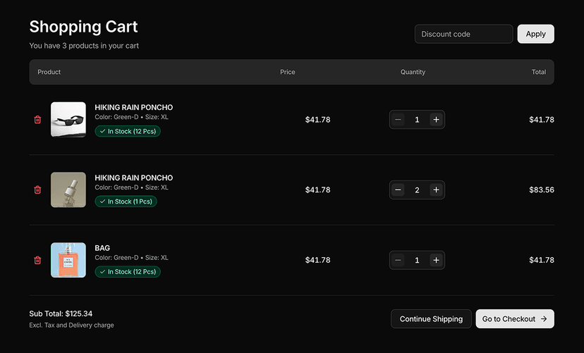 shadcn shopping cart sections dark