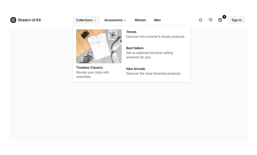 shadcn store navigation sections