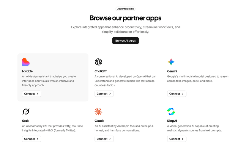 shadcn integrations sections