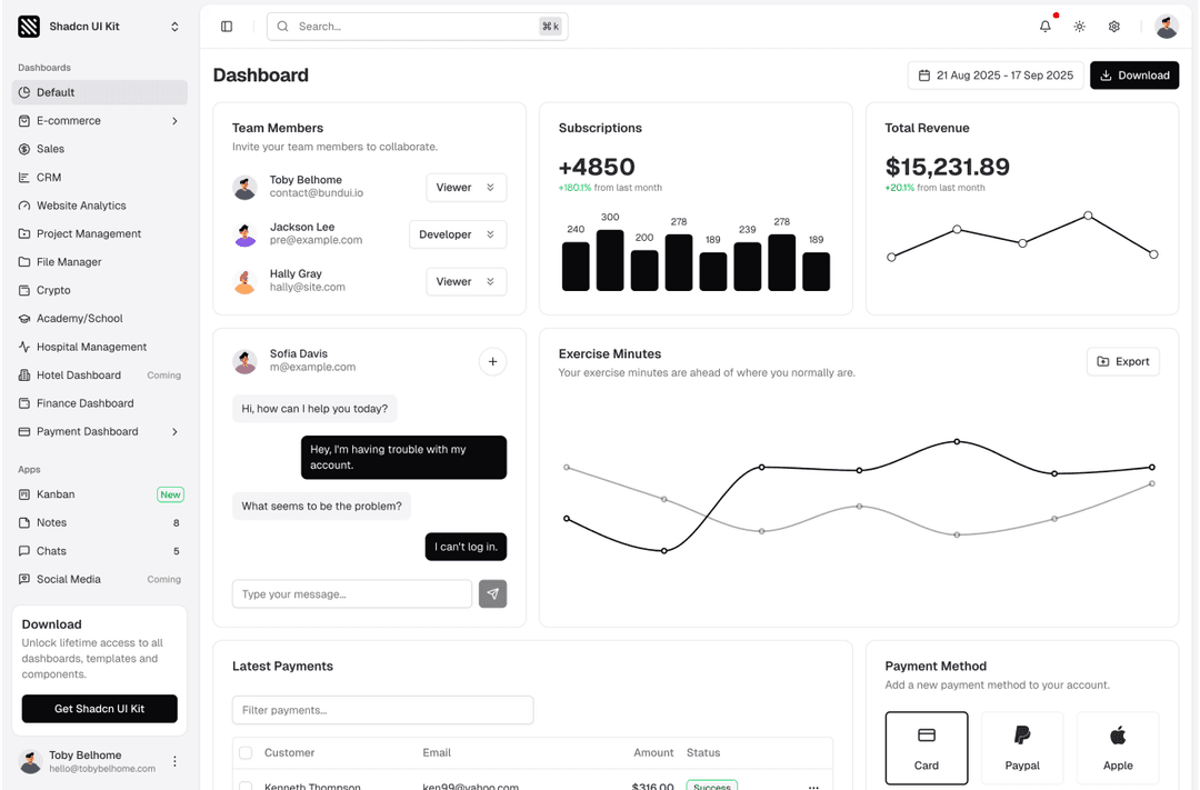 shadcn ui classic admin dashboard template dark