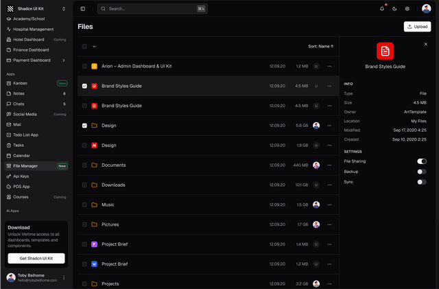 shadcn ui file manager admin dashboard template
