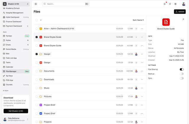 shadcn ui file manager admin dashboard template dark