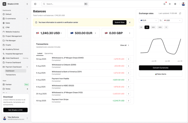 shadcn ui payment admin dashboard template dark