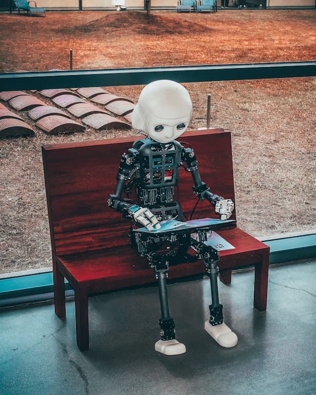 Robot reading a tablet on a bench