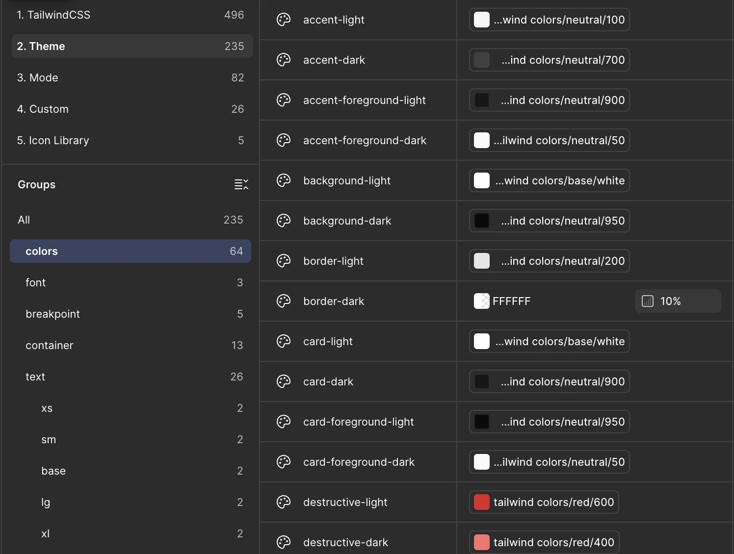Figma variables panel showing the Theme collection with light and dark color tokens mapped to Tailwind colors