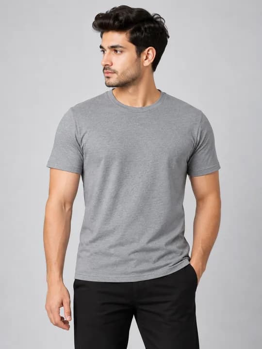 Man in a gray crew neck t-shirt