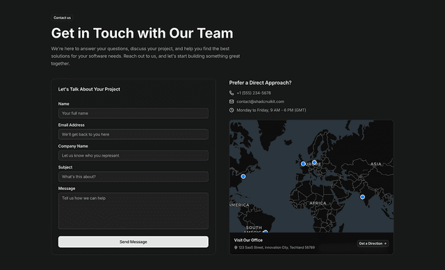 shadcn ui shadcn contact us sections block dark