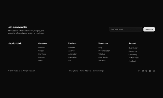 shadcn ui shadcn footers sections block dark