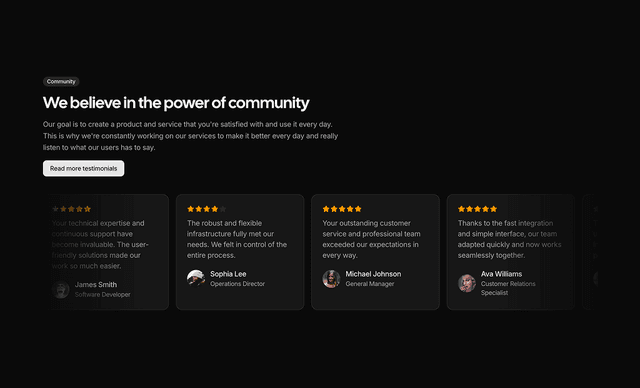 shadcn ui shadcn testimonials sections block dark