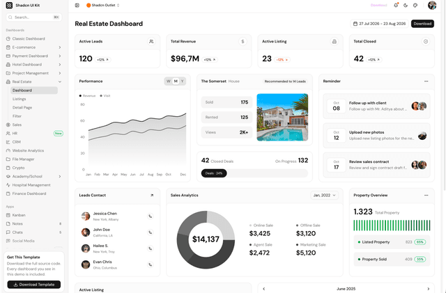 shadcn ui real estate dashboard admin dashboard template dark