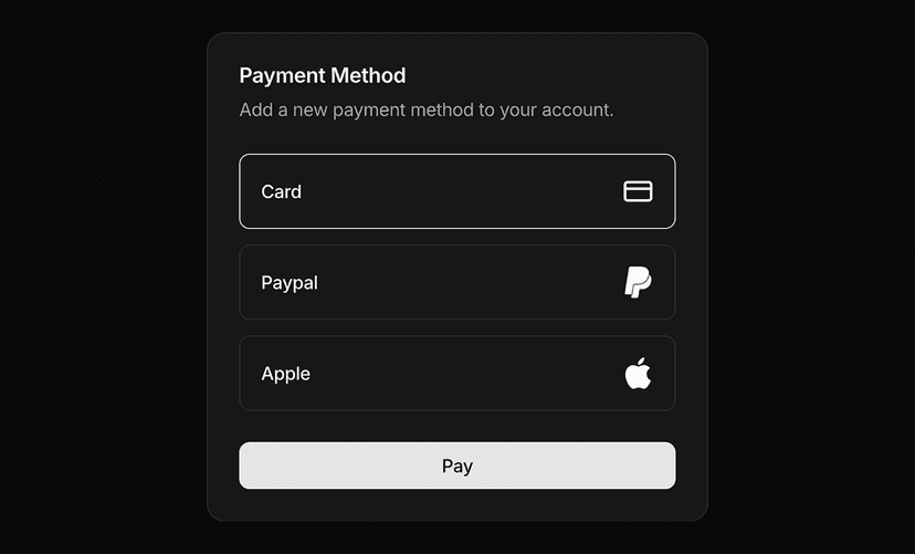 shadcn payment method examples dark