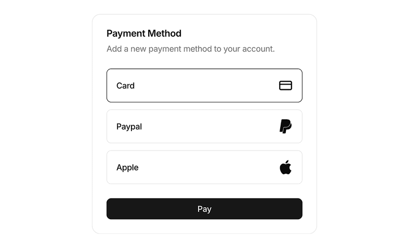 shadcn payment method examples