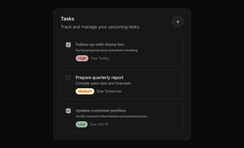shadcn task card examples dark