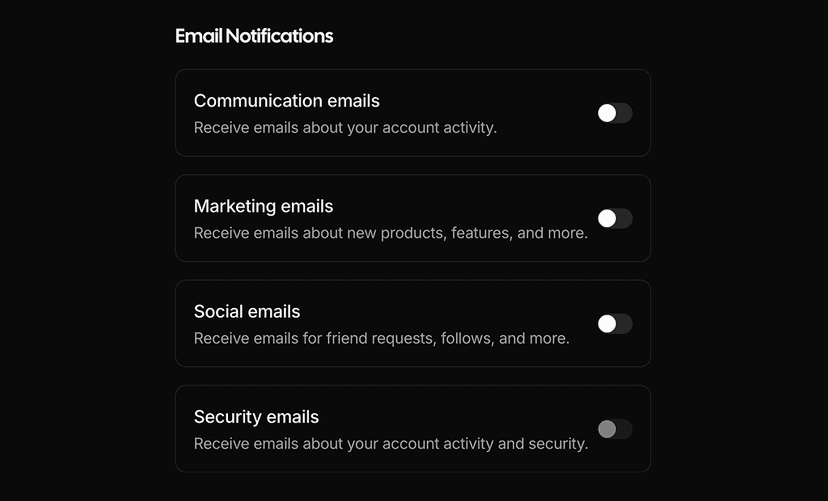 shadcn switch card examples dark