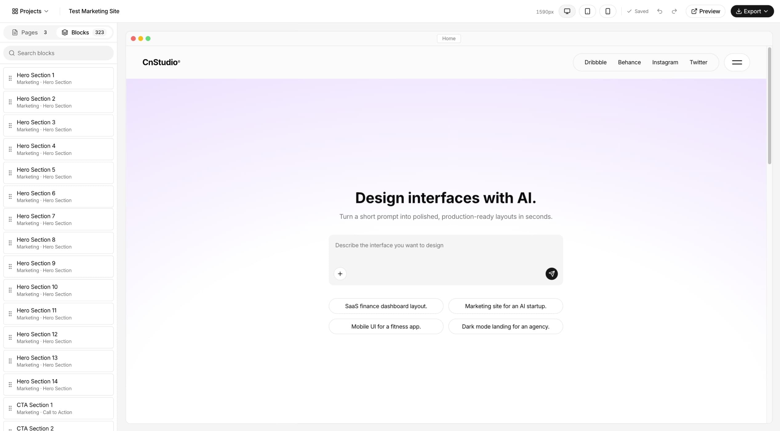 Shadcn UI Kit Page Builder with the block library and a page on the canvas