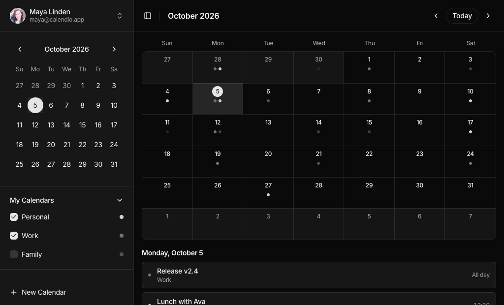 shadcn event calendar blocks dark
