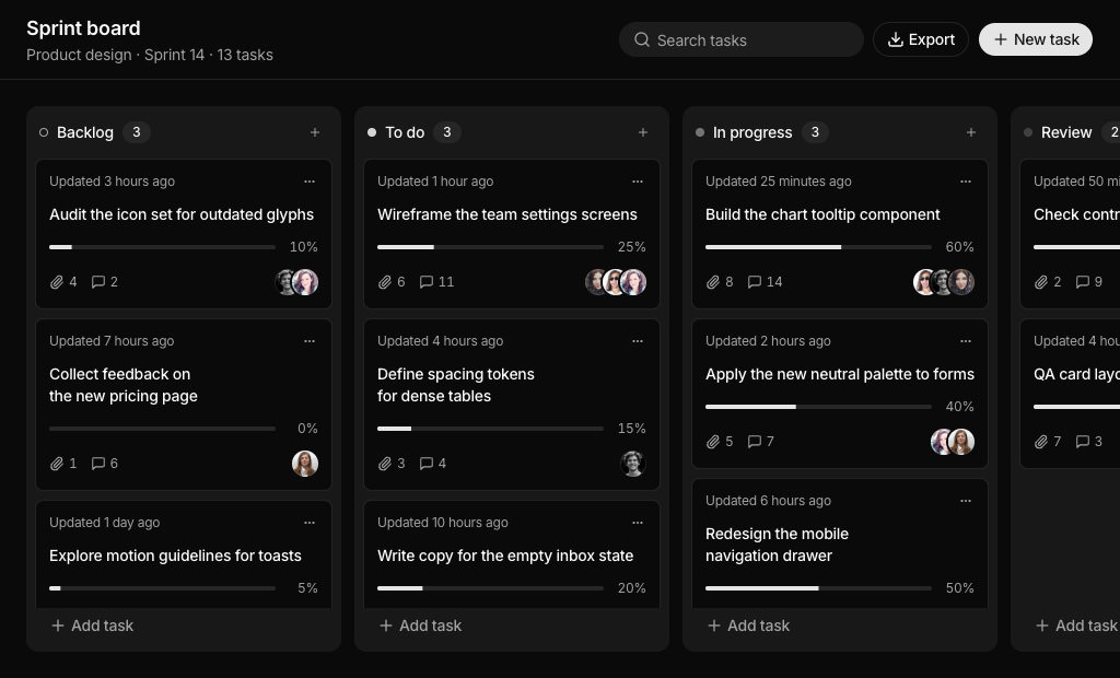 shadcn kanban board blocks dark