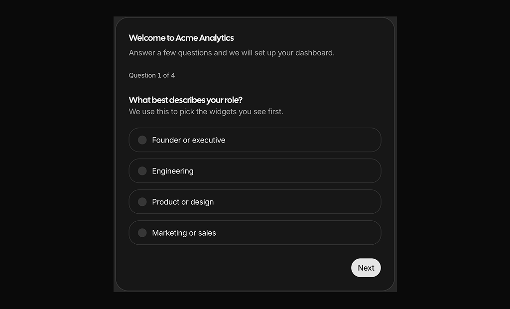 shadcn onboarding screens blocks dark