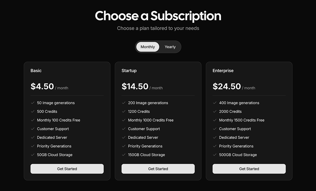 shadcn uipricing tables block dark
