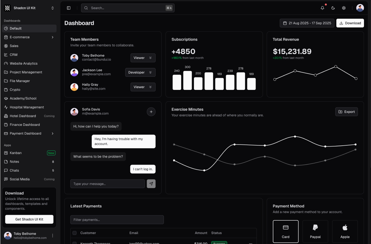Classic Dashboard shadcn/ui admin dashboard template dark mode