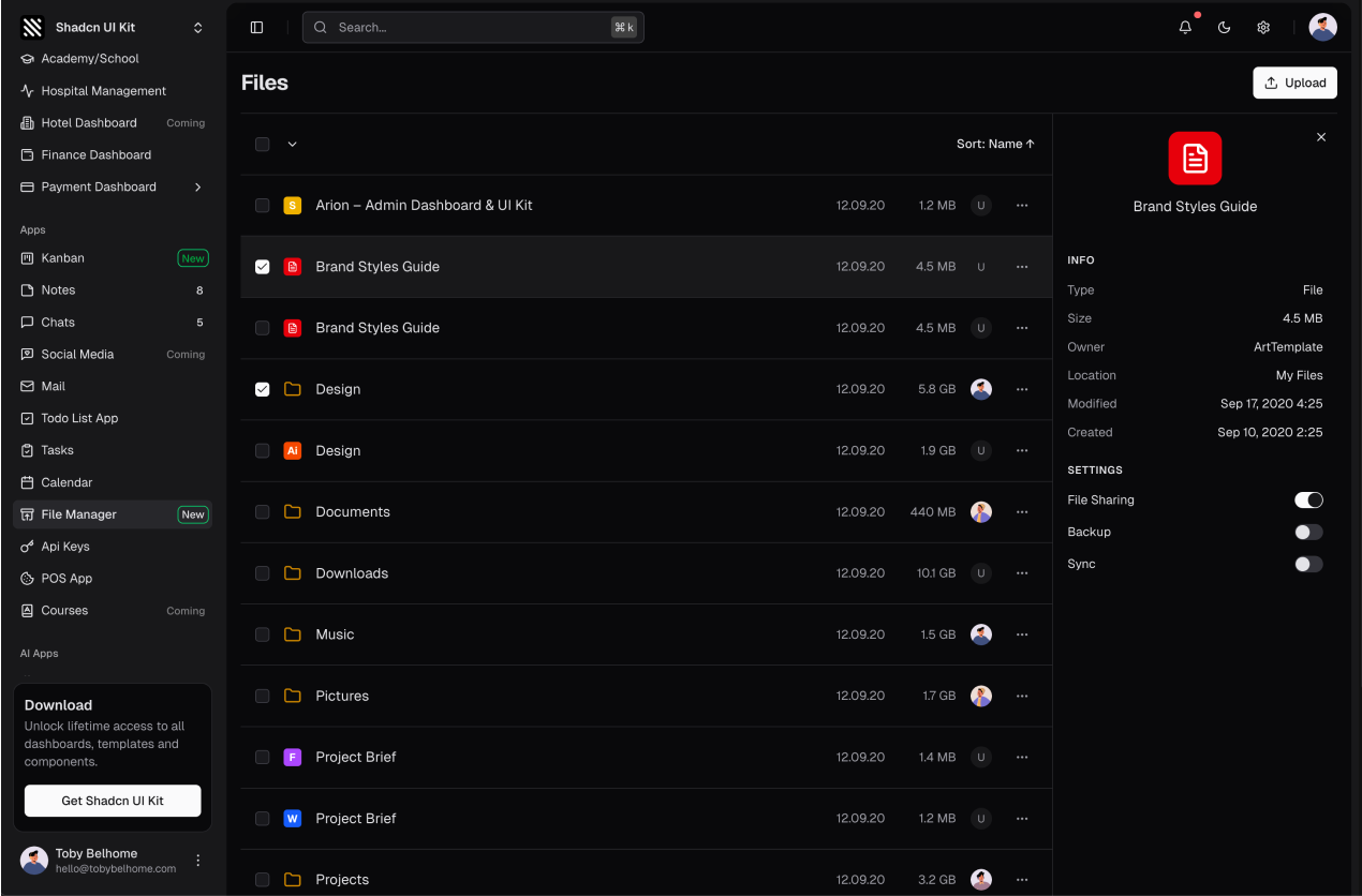 File Manager Dashboard shadcn/ui admin dashboard template dark mode
