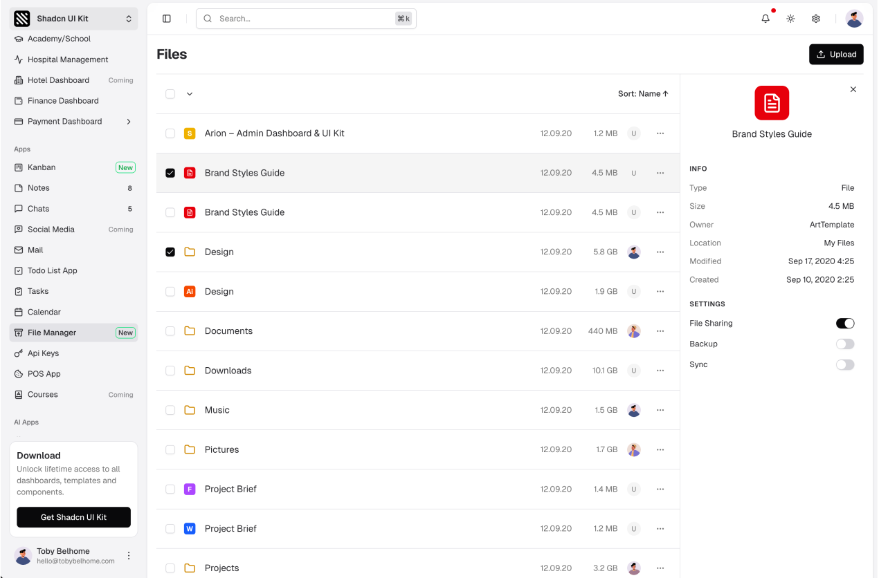 File Manager Dashboard shadcn/ui admin dashboard template