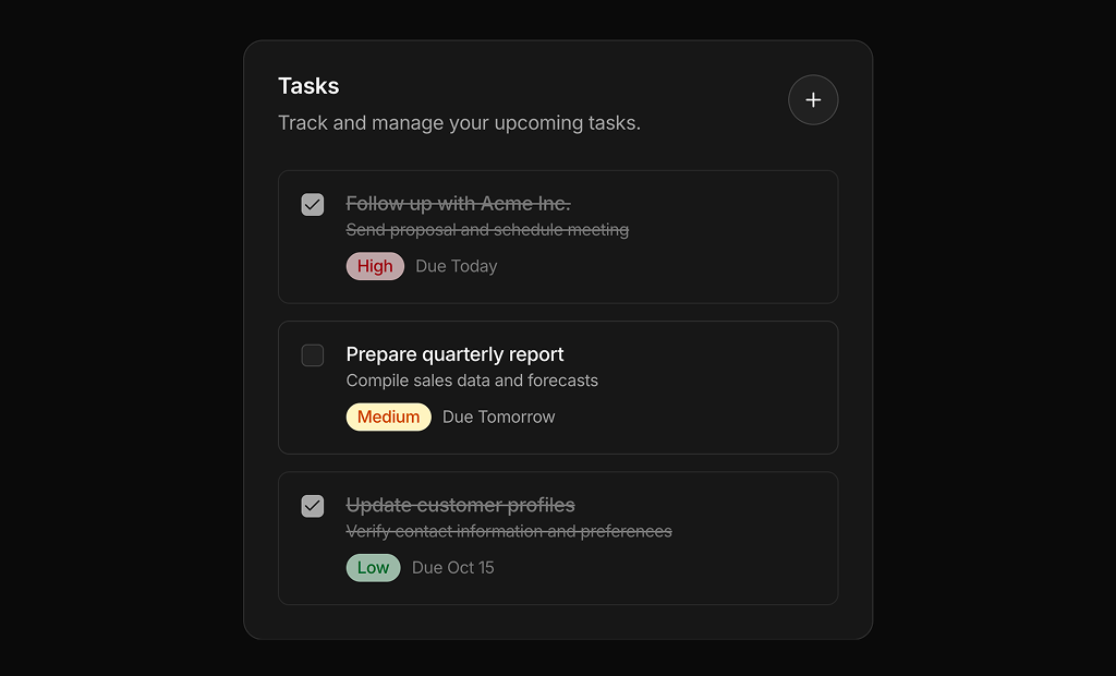 shadcn ui task cards example dark