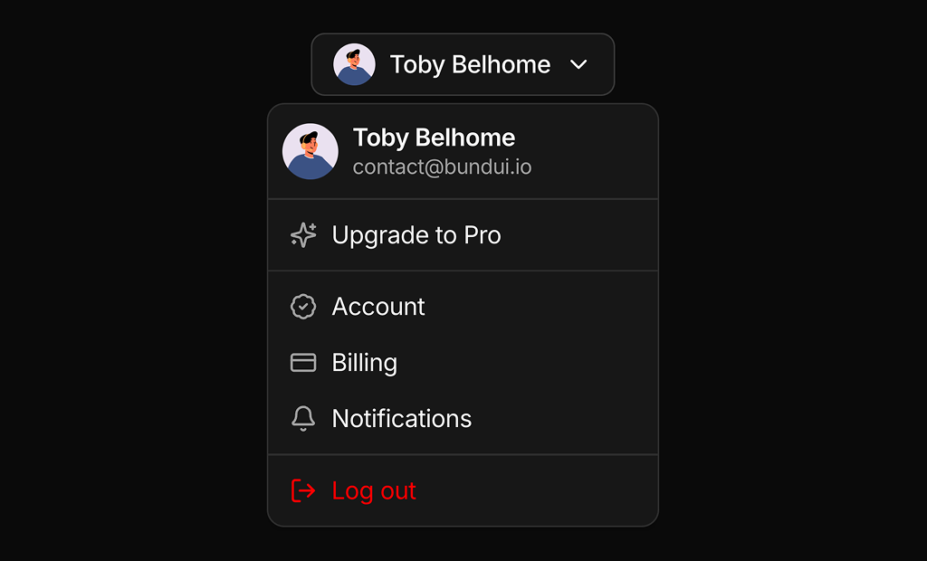 shadcn ui user menus example dark