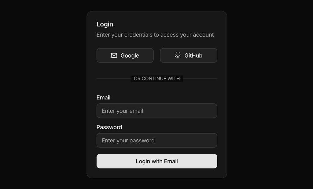 shadcn ui authentication forms example dark