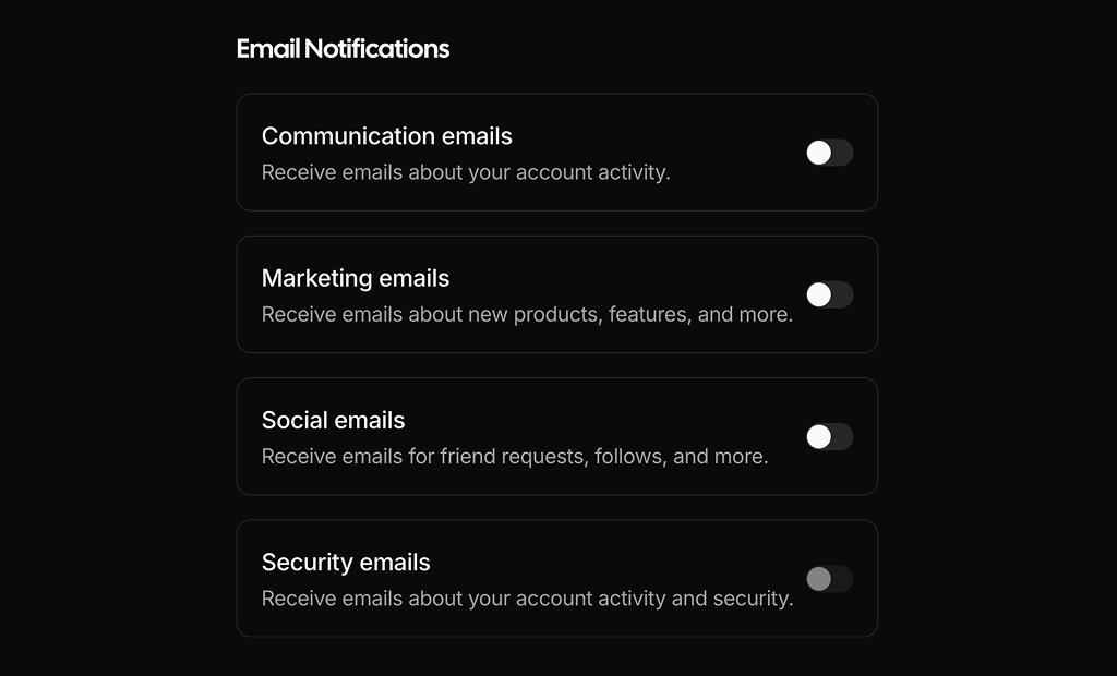 shadcn ui switch cards example dark